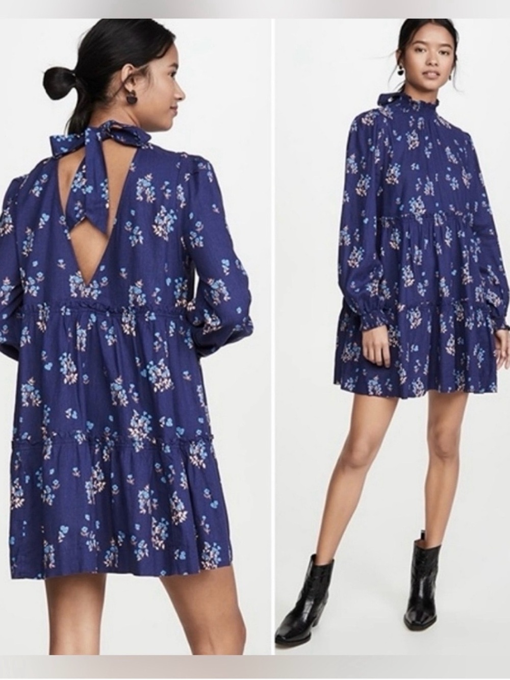 FREE PEOPLE Navy Floral Print Petit Fours Mini Dress in Indigo Sz. Large